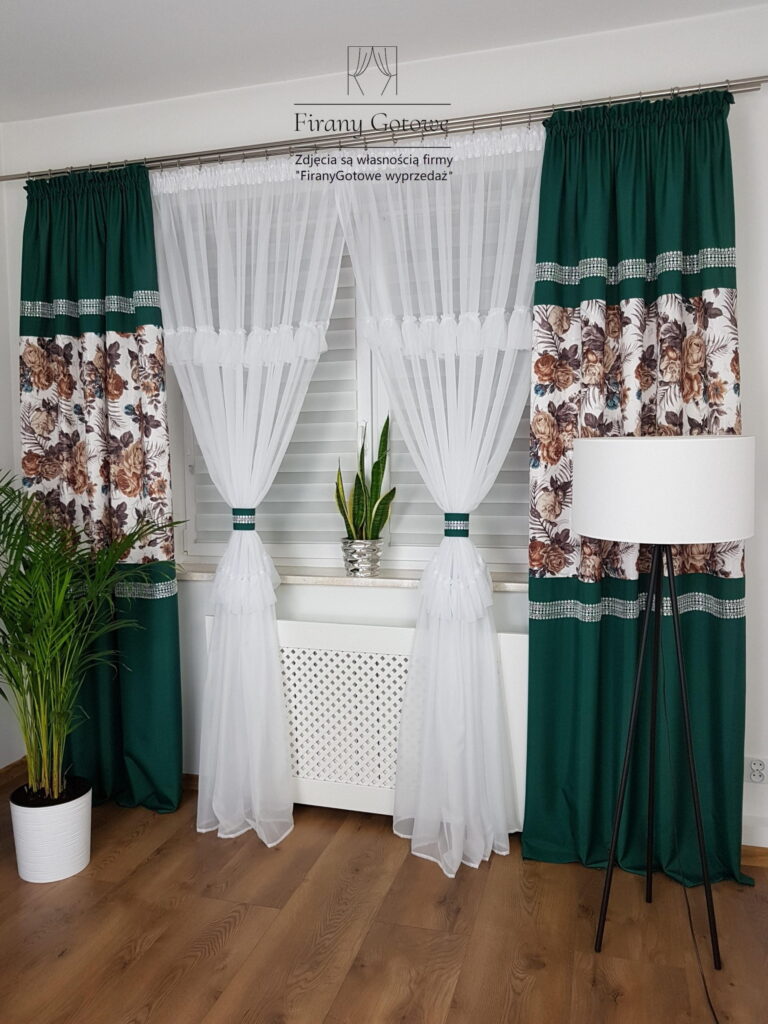 Firana gotowa, komplet dekoracyjny z zasłonami ciemnozielony 250cm
