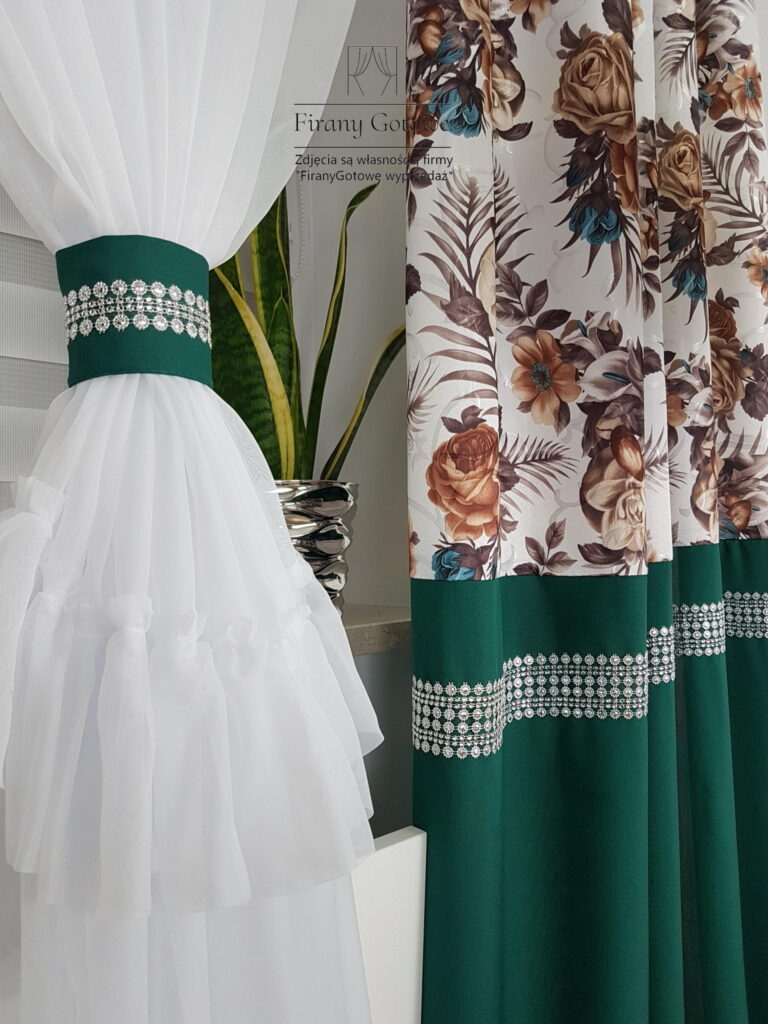 Firana gotowa, komplet dekoracyjny z zasłonami ciemnozielony 250cm