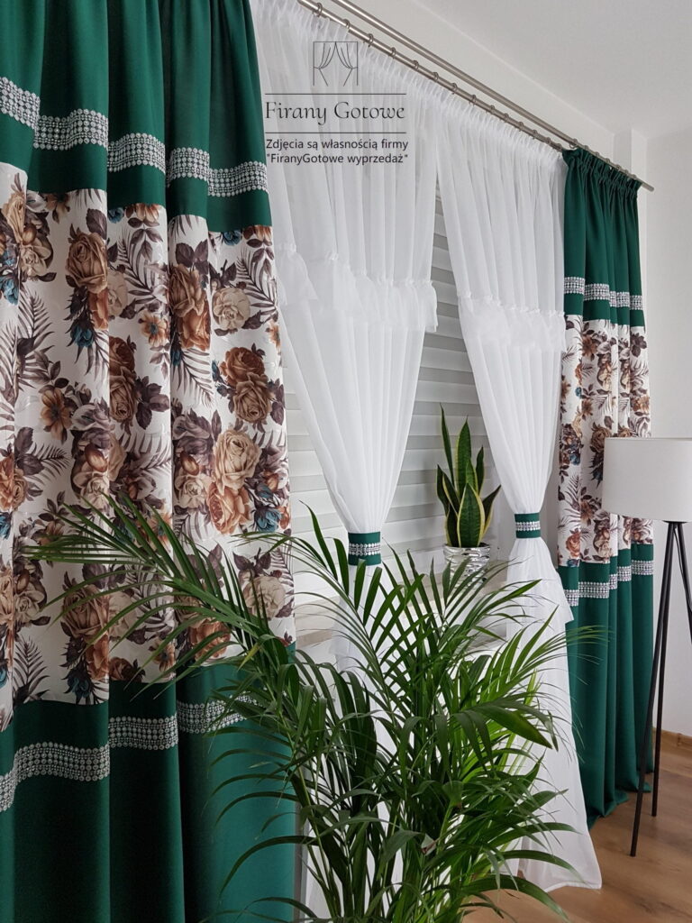 Firana gotowa, komplet dekoracyjny z zasłonami ciemnozielony 250cm