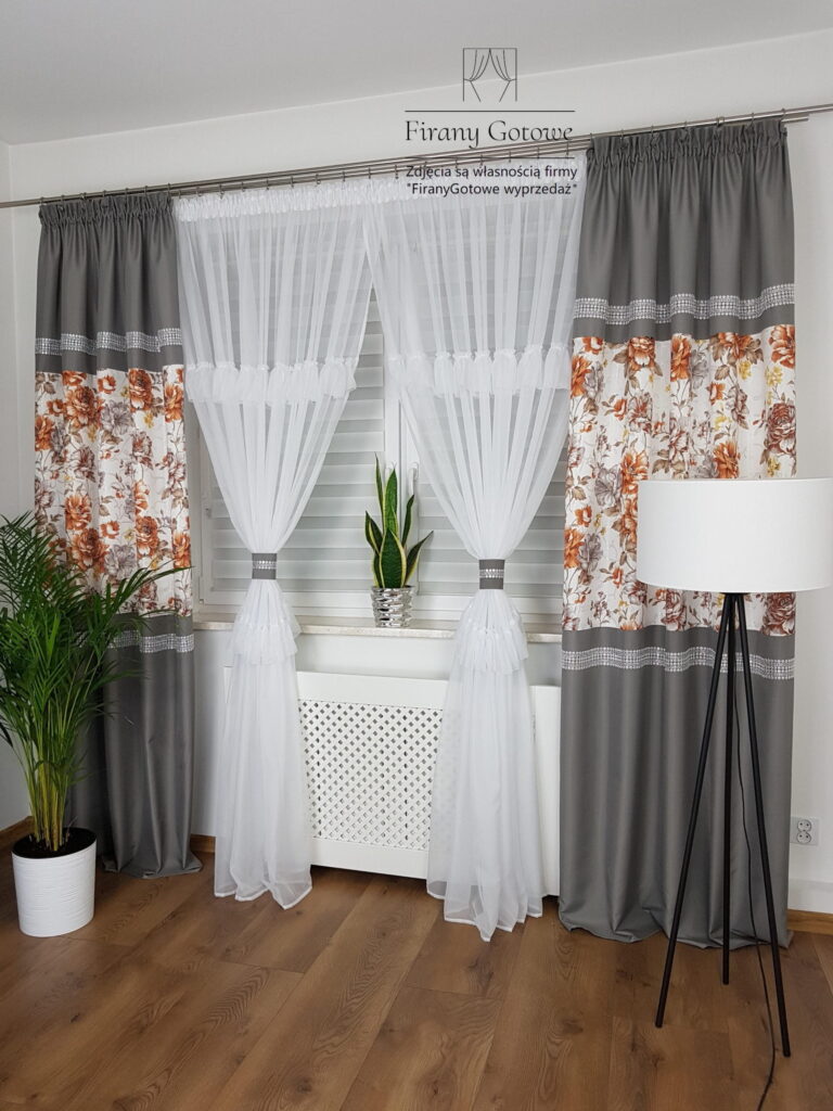 Firana gotowa, komplet dekoracyjny z zasłonami jasnoszary 250cm