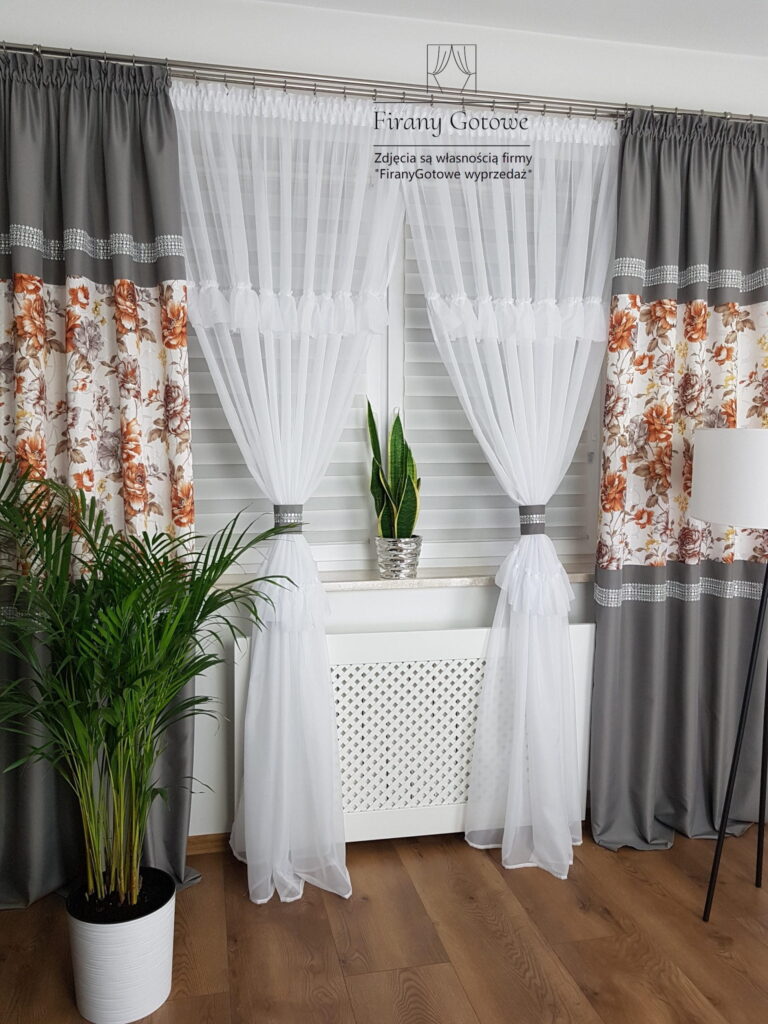 Firana gotowa, komplet dekoracyjny z zasłonami jasnoszary 250cm