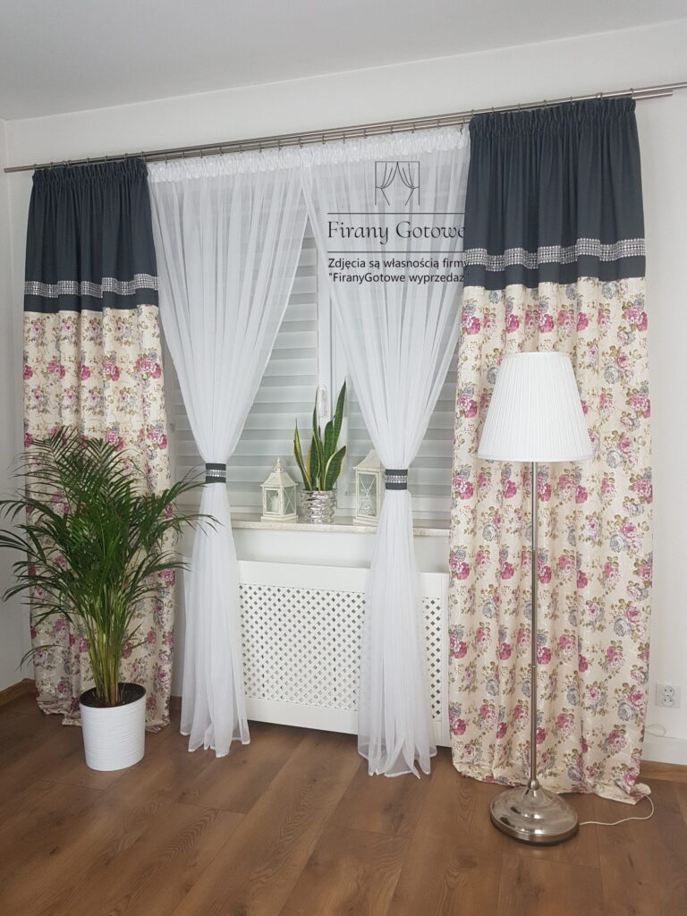Zestaw dekoracyjny zasłon z cyrkoniami oraz firany - ciemnoszary