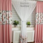Zestaw dekoracyjny, firanka z cyrkoniami w kwiaty rózowa