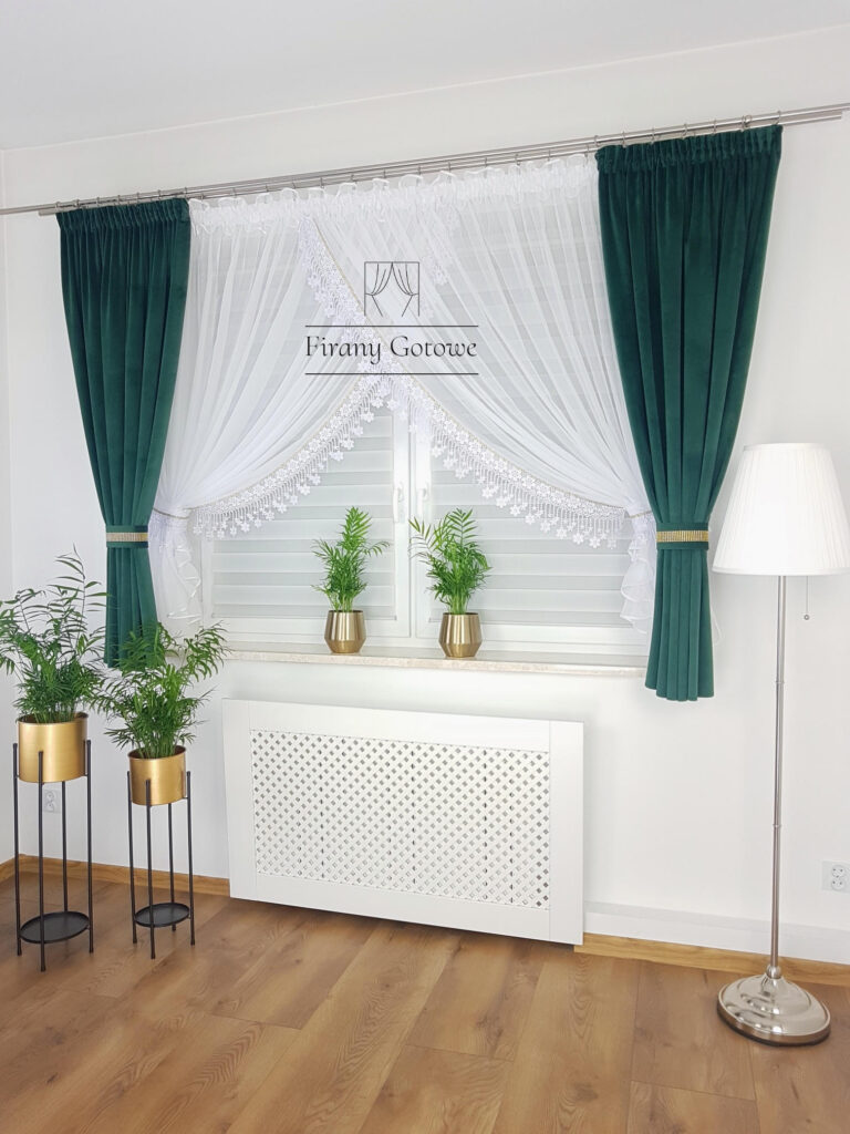 Elegancki zestaw firany i zasłony welurowe -szmaragdowa zieleń