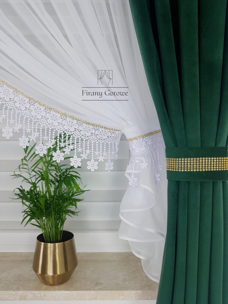 Elegancki zestaw firany i zasłony welurowe -szmaragdowa zieleń