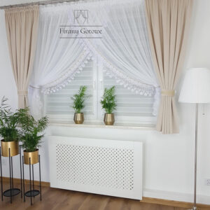 Elegancki zestaw firany i zasłony welurowe -kremowy Firany gotowe wyprzedaż firanygotowe.com