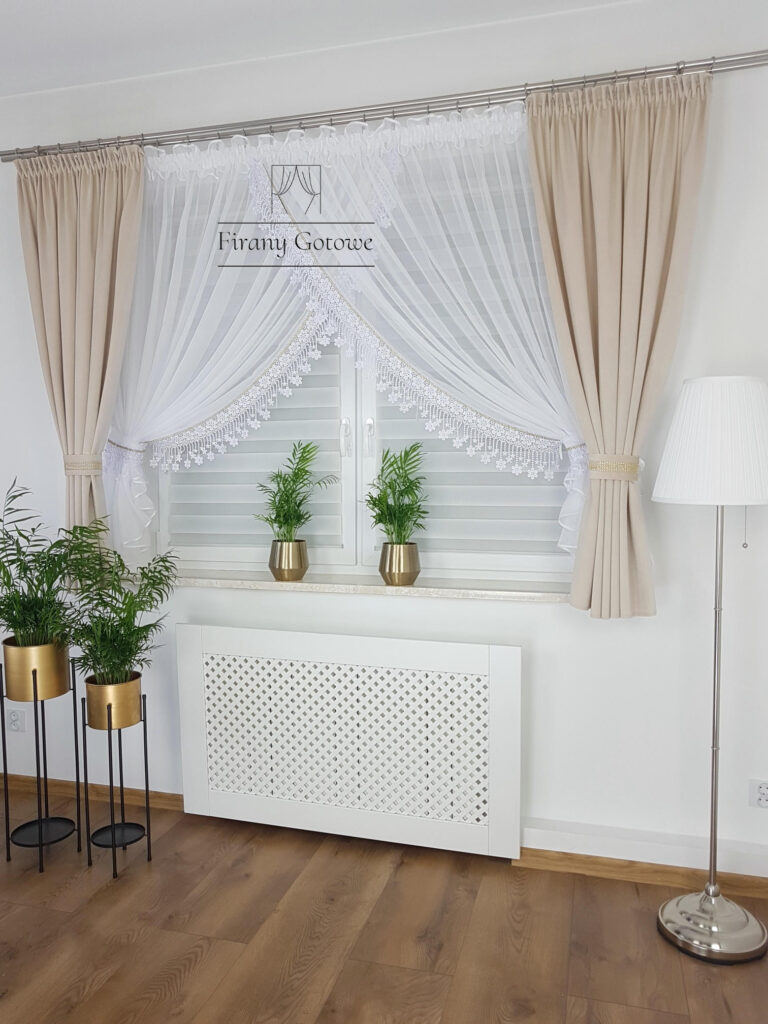 Elegancki zestaw firany i zasłony welurowe -kremowy