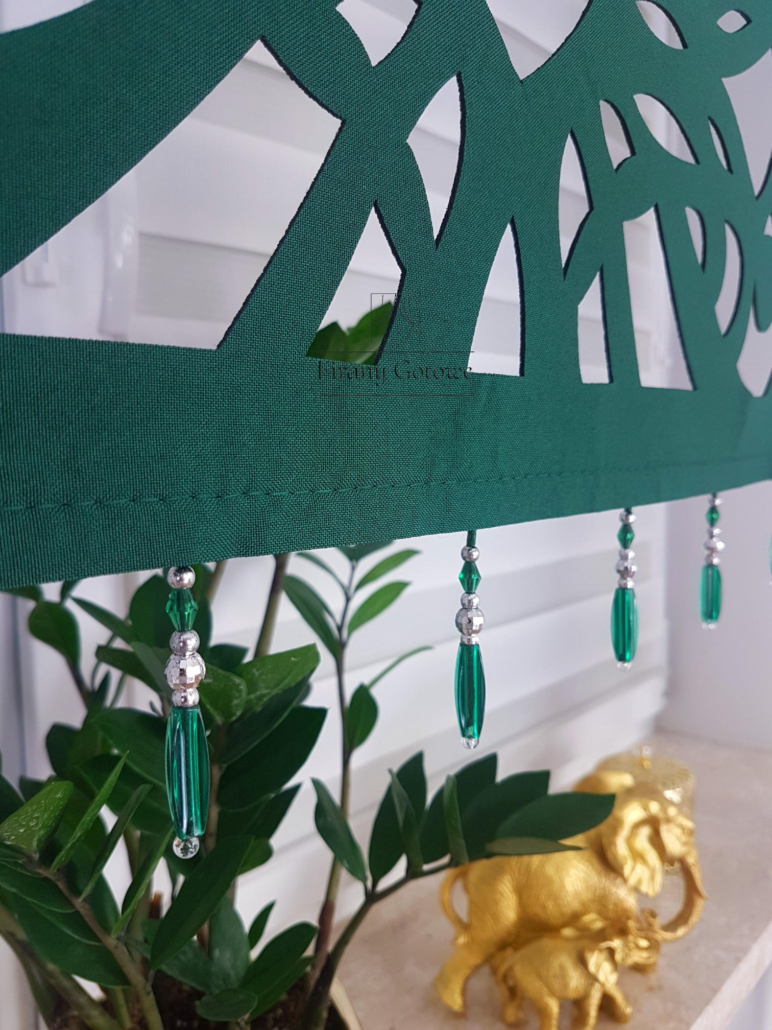 Firana z panelem dekoracyjnym, komplet z zasłonami- zielony